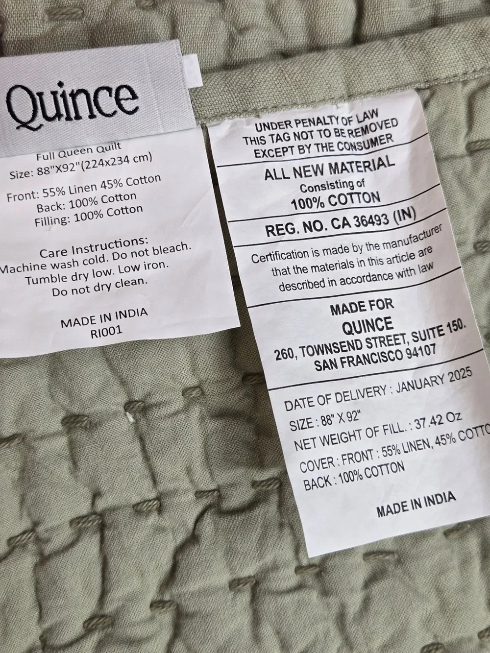 QUINCE European Linen Cotton Stitch Quilt Full/Queen Willowleaf 9245